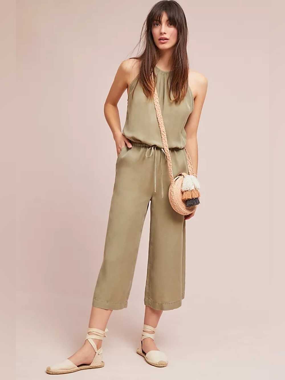 Anthropologie Cloth & Stone Daytripper Jumpsuit Green Halter Wide Leg X-Small